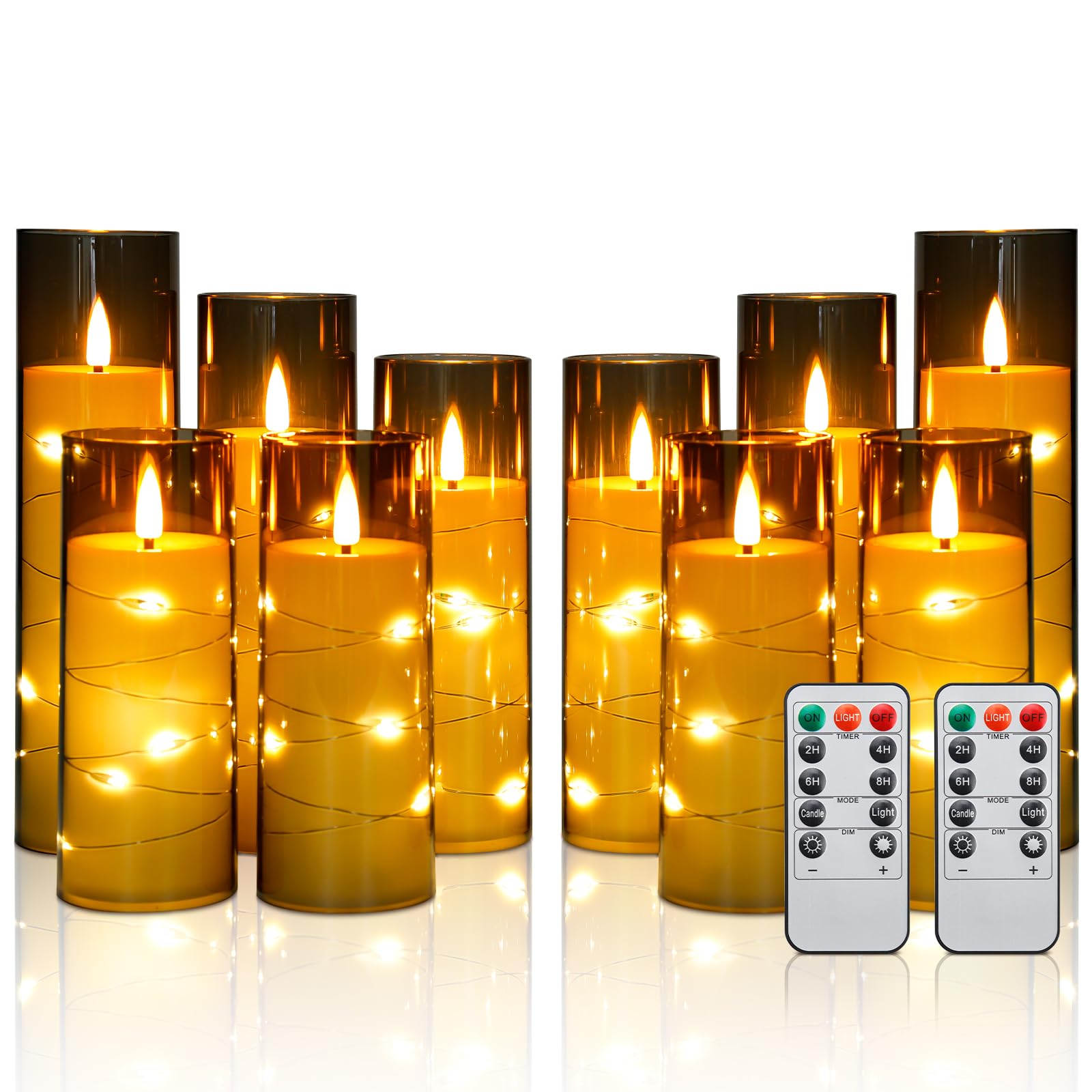 Enido Flameless LED Candles with Remote & Timer, Battery Operated Acrylic Pillar Set, 10 Pc Flickering Electric Lights with Embedded Star String for Cozy Home & Holiday Romantic Decor (Matte Grey) Image