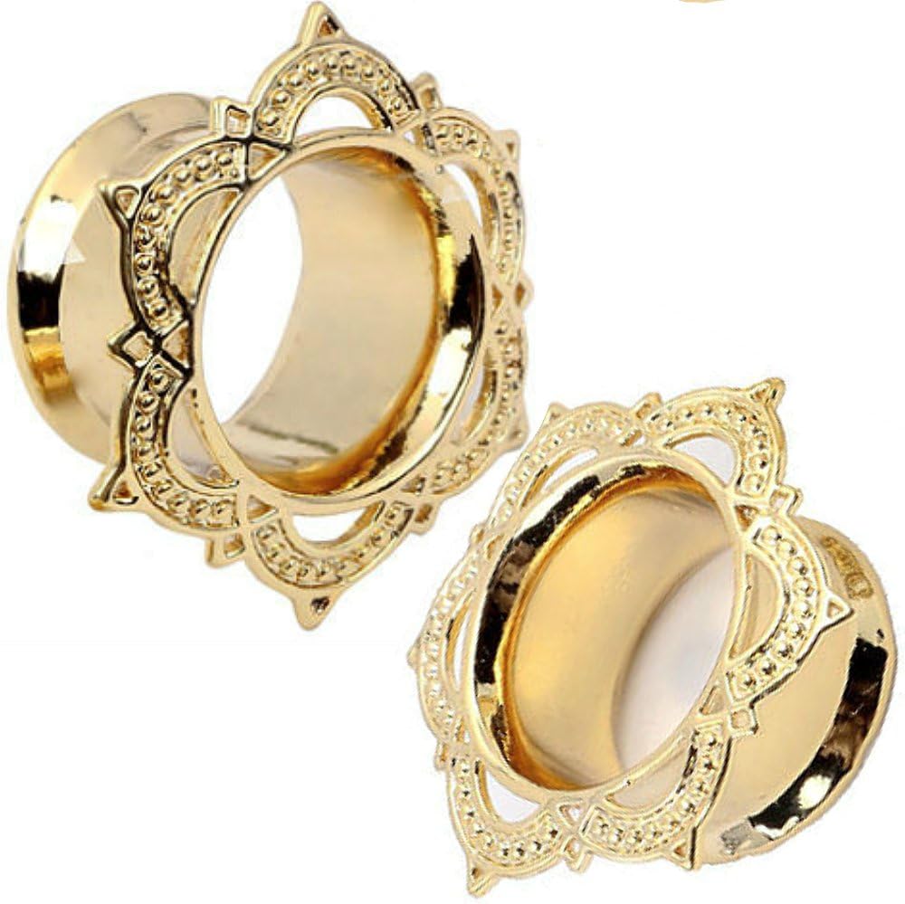 soscene Gold Plated Ribbon Lace Stainless Steel Single Flare Ear Plugs Gauges Sold in Pairs