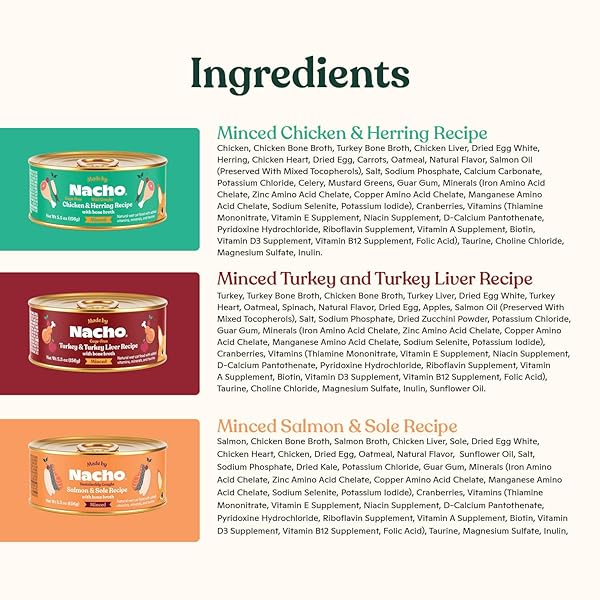 MADE BY NACHO PREMIUM MINCED WET CANNED CAT FOOD WITH HYDRATING BONE BROTH 5.5OZ (12 PACKS) (VARIETY PACK (TURKEY & TURKEY LIVER, CHICKEN & HERRING, AND SALMON & SOLE))