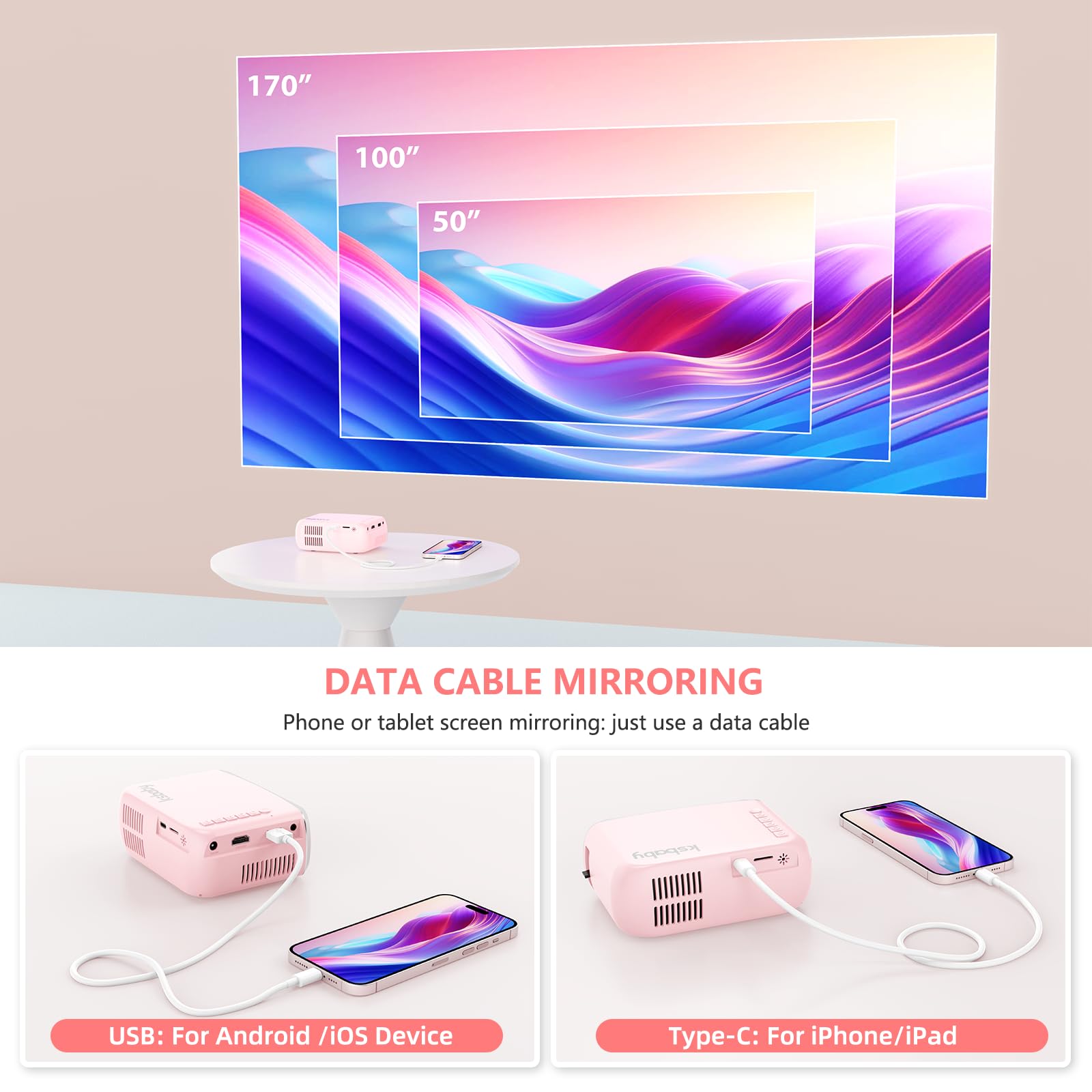 Tragbarer Projektor, ksbaby Outdoor Projektor, LED Ästhetischer Video Mini Projektor für Outdoor Tragbare Filme Kompatibel mit HDMI, USB, Laptop, TV Stick, iOS und Android Telefon