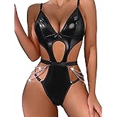 KJSUHFN Sexy Women's Faux PU Leather Lingerie Teddy Bodysuit with Cut Out & Chains