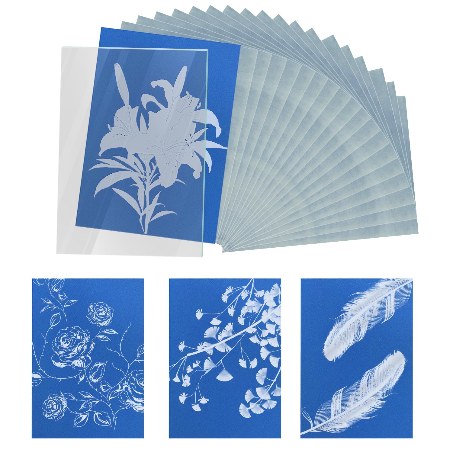 24 Sheets A5 Sun Print Paper, 8.27x5.83in Cyanotype Sunprint Paper with Acrylic Panel High Sensitive Solar Art Printing & Drawing Paper Kit for DIY Project Craft Kids Adults