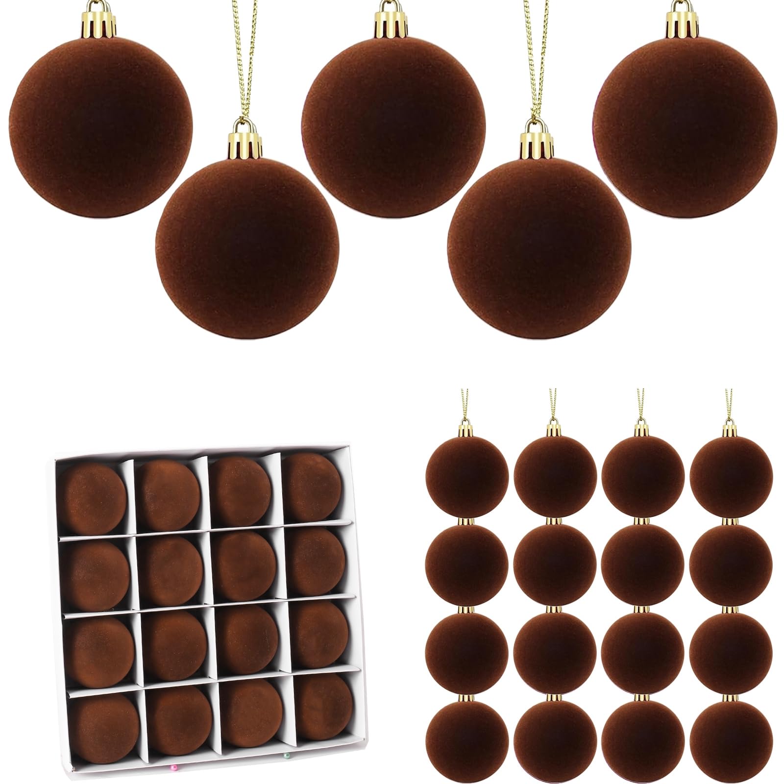 View 1 of 16 Pcs Red Velvet Christmas Balls, 3.15 Inch Velvet Ornaments for Christmas Tree, Flocked Ornaments Balls for Wreath Garland - Brown