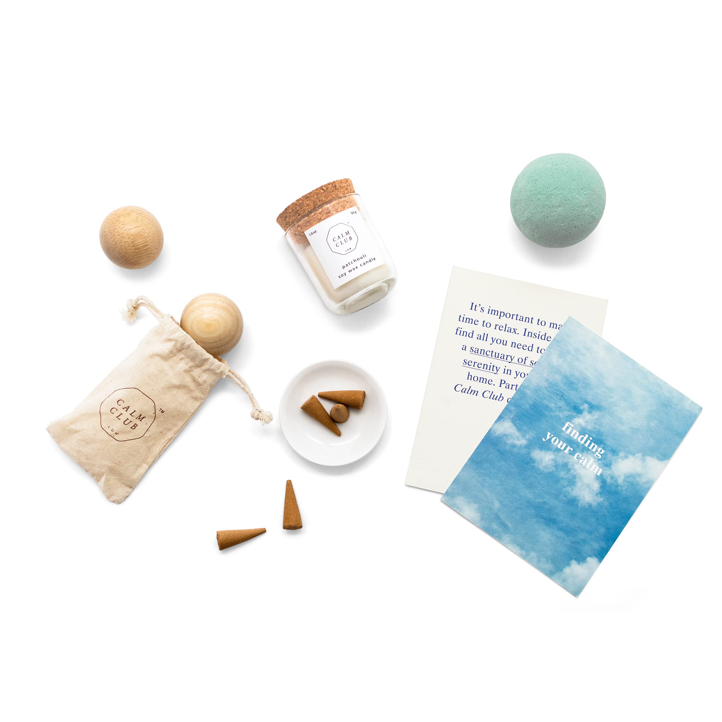 Calm Club Scented Relaxation Kit - Includes Baoding Balls, Bath Bomb, Sandalwood Incense Cones, Incense Dish, Patchouli Soy Candle and Calm Card - Home Spa Relaxation Gift Set for Women