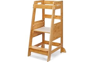 TOETOL Bamboo Toddler Step Stool Kids Kitchen Counter Learning Stool Standing Helper Tower 3 Height Adjustable Bathroom Sink with Safety Rail,Natural