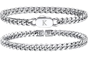 Hisatan Initial Bracelets for Men, 2 Pcs A-Z Letter Bracelet Silver Mens Bracelet with Initial, Stainless Steel Stylish Non Tarnish Cuban Link Bracelet for Men Jewelry Gifts