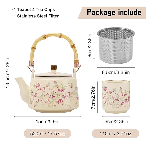 FANQUARE JAPANESE CERAMIC TEA SET, 17OZ BAMBOO HANDLE TEAPOT WITH STAINLESS STEEL INFUSER AND 4 CUPS, FLORAL PATTERN TEA SERVICE FOR LOOSE LEAF TEA, GIFT FOR TEA LOVERS