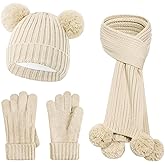 Kids Winter Hat Gloves Scarf Set, Double Pom Beanie Warmer Mittens Fleece Lined 3-Piece Set for Boys Girls