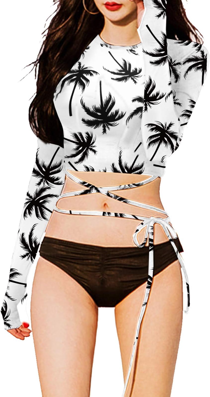 FORNY Women Two Piece Swimsuits Surfing Rash Guard Long Sleeve Padded Crop Top Swimwear