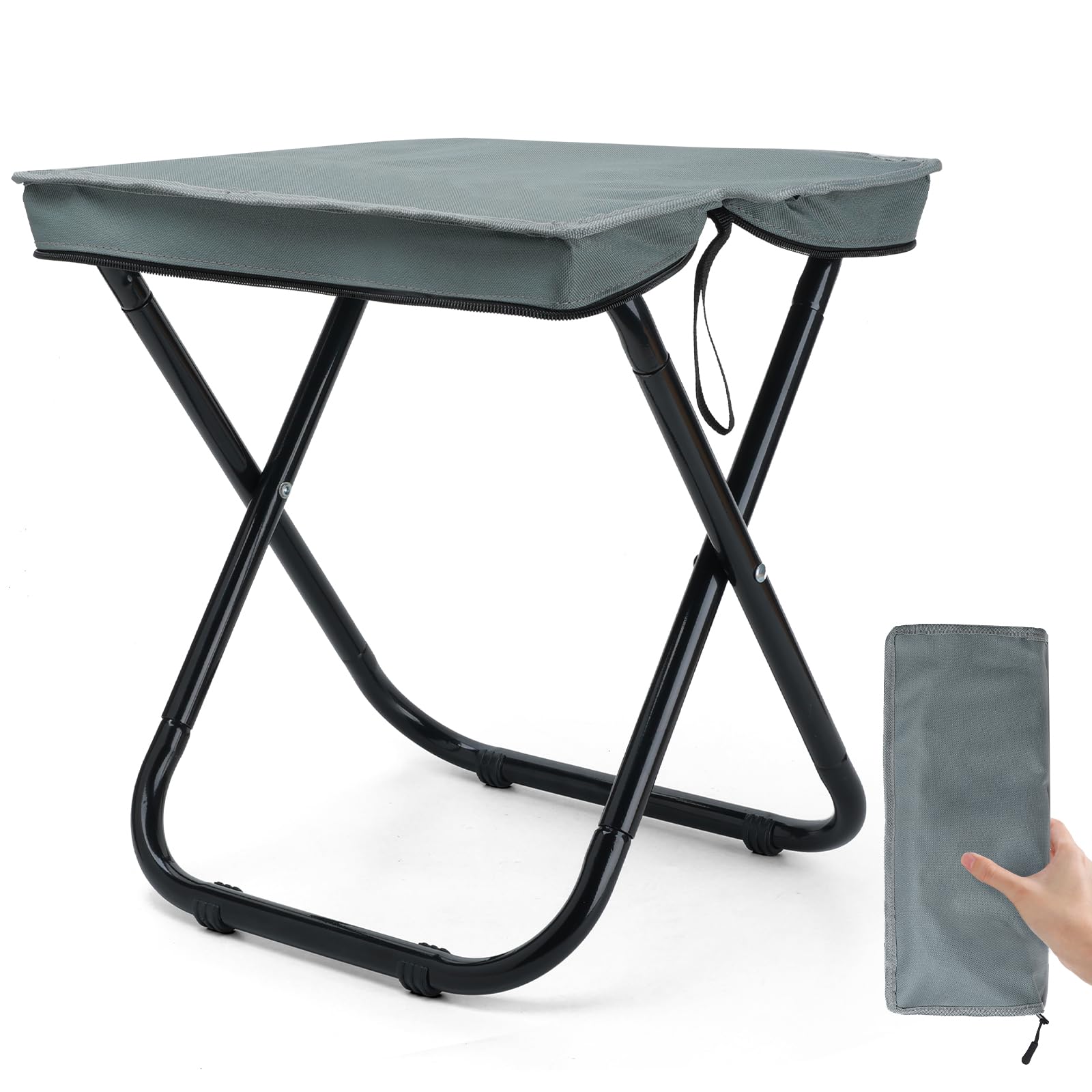 Outplea 40cm (H) Large Collapsible Camping Stool, Outdoor Folding Backpack Stool for Adults, Lightweight Portable Fishing Seat, Gray