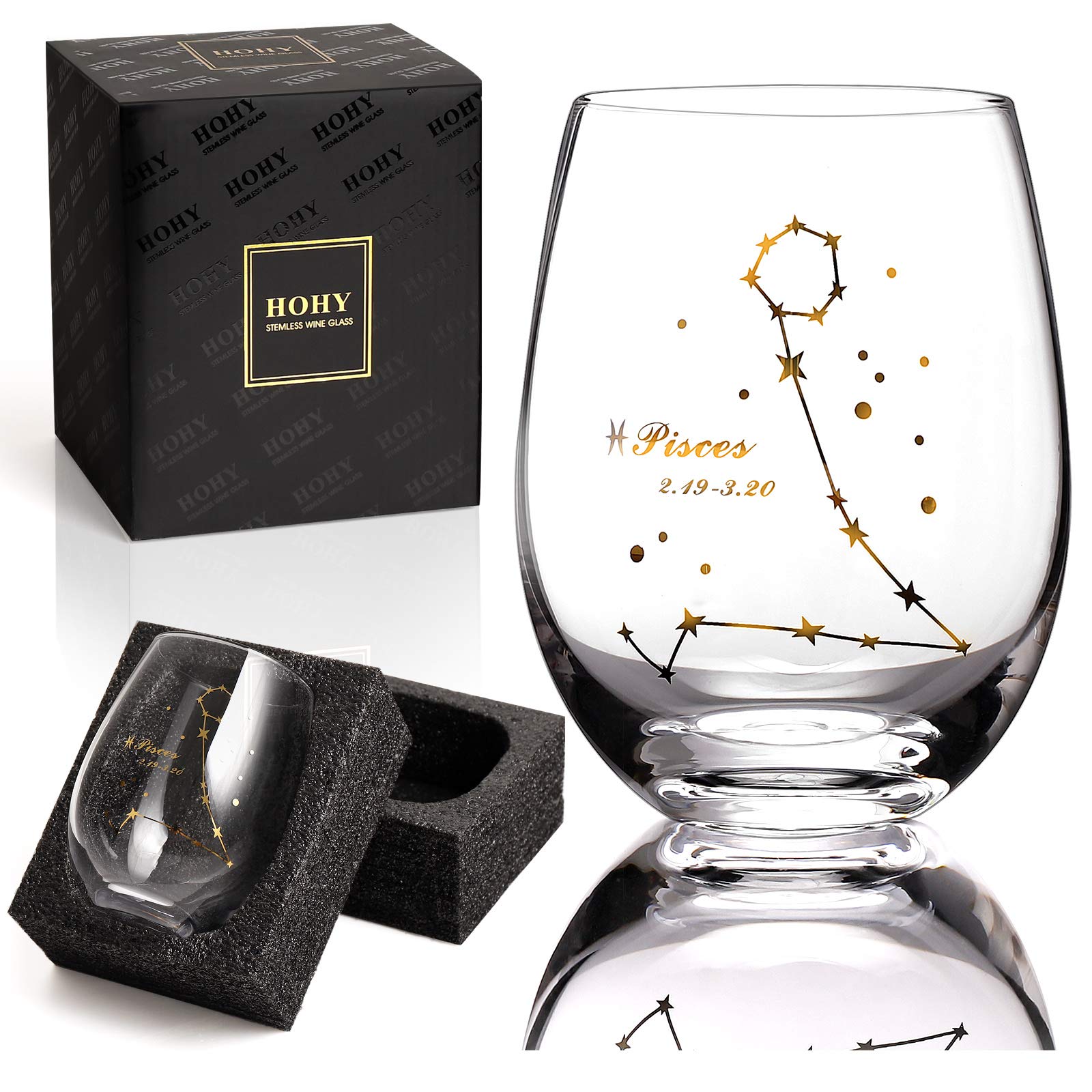 HOHY Pisces Zodiac Wine Glass 20 Oz, Pisces Zodiac Birthday Horoscope Wine Gifts for Women, Birthday Wine Glass Astrology Constellation Christmas Gifts for Women, Constellation Wine Glasses Golden