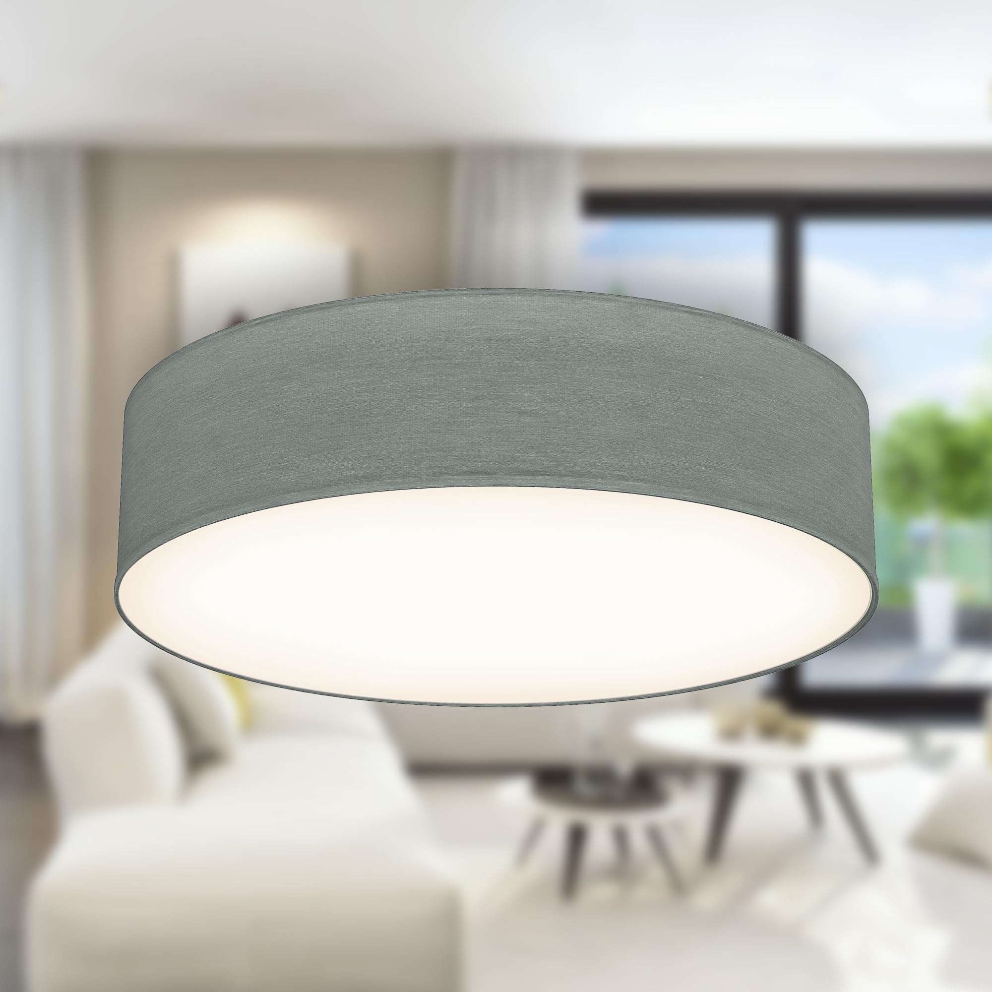 B.K.Licht - Ceiling Light with Fabric Light Shade, Flush Mount Light Fitting, 2 E27 Sockets, max. 40 watt Bulb, Livingroom, Bedroom Ceiling Lights, Hallway Lighting, Soft Light Lamp, 38x10 cm, Grey