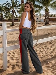 Angsuttc Wide Leg Jeans Women Colorblock High Rise