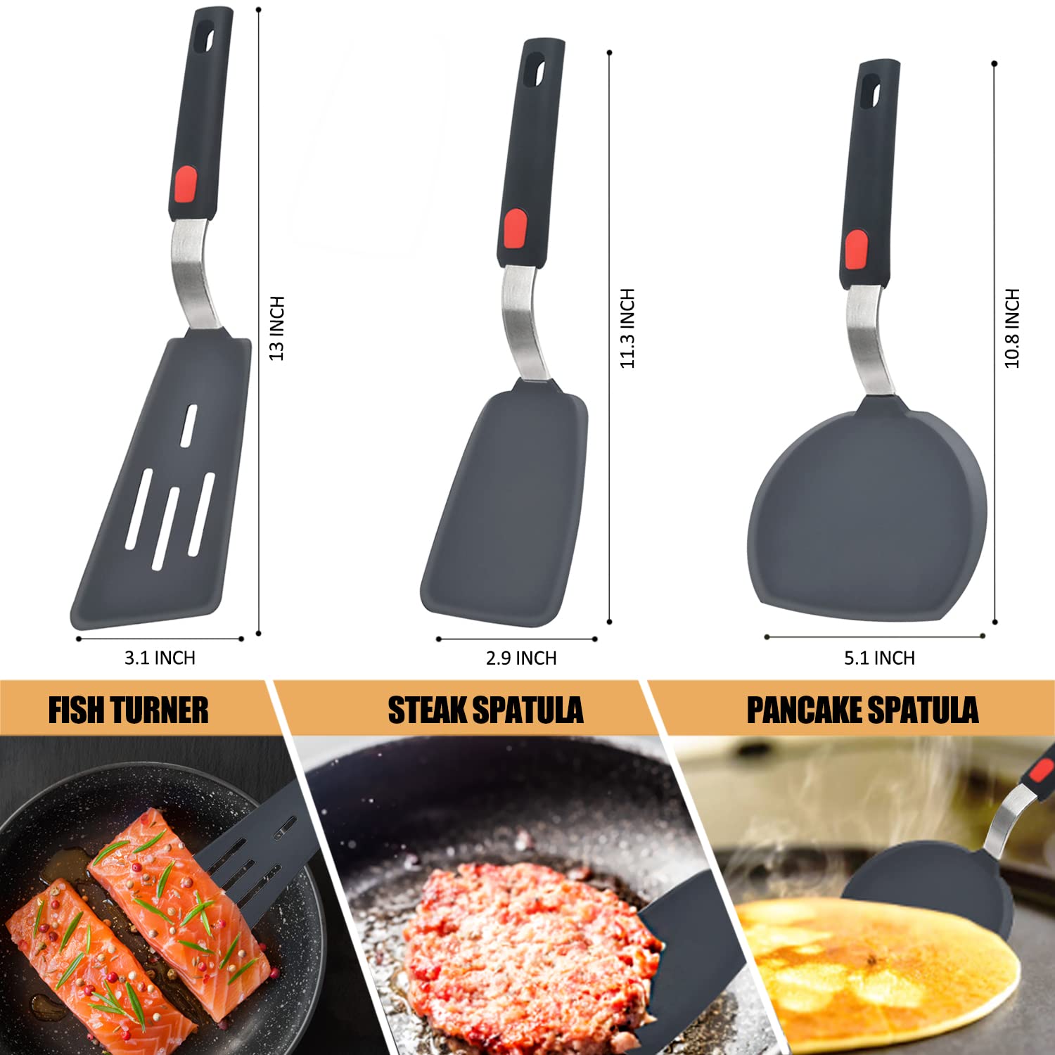 Silicone Spatula Turner Set of 3, Beijiyi 600°F Heat Resistant Cooking Spatulas for Nonstick Cookware, Large Flexible Kitchen Utensils BPA Free Rubber Spatula Set for Egg, Pancake, Fish, Burger