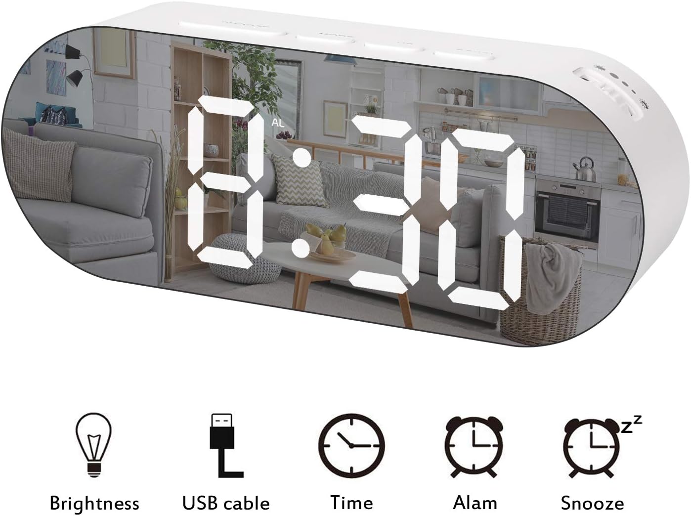 Zmoon LED Digital Alarm Clock, Electronic Mirror Clock Bedside Alarm Clocks with Dual USB Charger Ports for Bedroom Office Travel (White)