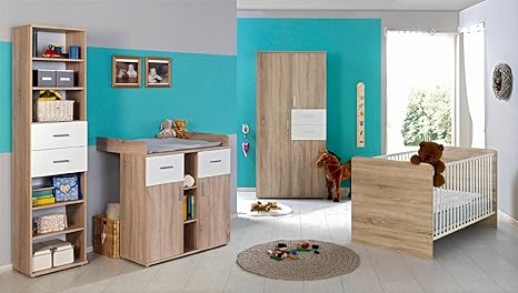 Babyzimmer Kinderzimmer komplett Set ELISA 2 in Eiche Sonoma Weiß, Komplettset mit Kleiderschrank Babybett Lattenrost Wickelk