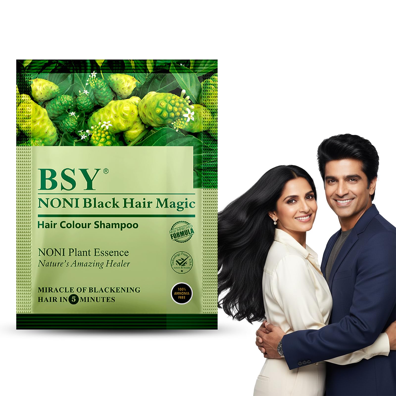 BSY Noni black hair magic shampoo | Noni hair colour | Noni hair dye | Hair dye | Hair dye shampoo | shampoo based hair color | 5 Mins hair color | Ammonia-free hair color | shampoo | (12mlX12) — image 1
