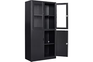 SISESOL Display Cabinet with Glass Doors, Freestanding Kitchen Pantry Cabinet with Glass Doors and Shelves, Storage Cabinet with Doors and Shelves for Home Office, Pantry,Kitchen Bathroom