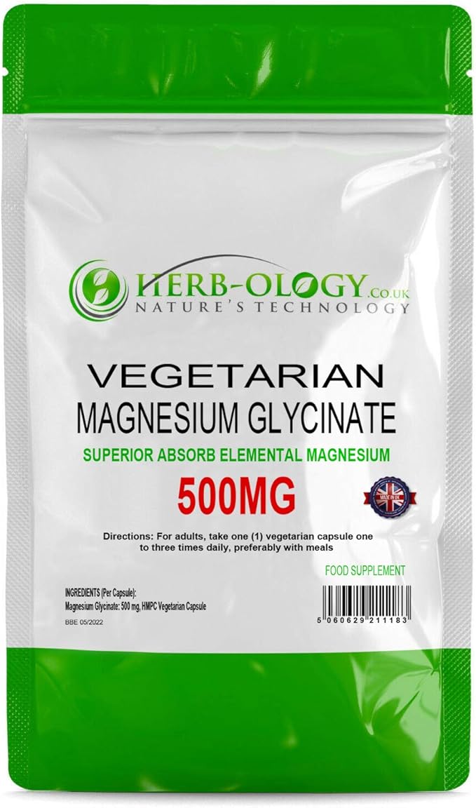 Herbology Magnesium Glycinate Capsules 60 Vegan MagnesiumGlycinate Supplements, 500mg per