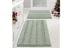 H.VERSAILTEX Sage Bathroom Rugs, Bath Mat Set of 2 Extra Thick Chenille Striped Pattern Shaggy Bath Rugs for Bath Room, Non Skid Bath Mats for Bathroom Floor (32 x 20 Plus 24 x 17 - Inches)
