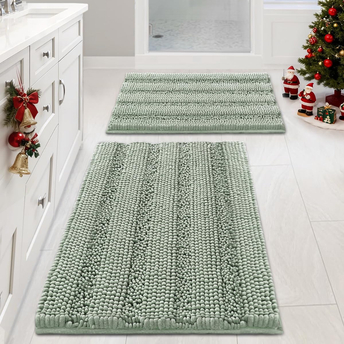 Photo 1 of H.VERSAILTEX Sage Bathroom Rugs, Bath Mat Set of 2 Extra Thick Chenille Striped Pattern Shaggy Bath Rugs for Bath Room, Non Skid Bath Mats for Bathroom Floor (32 x 20 Plus 24 x 17 - Inches)
