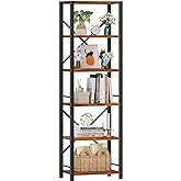 Furologee 6 Tier Tall Bookshelf, Industrial Narrow Bookcase, Display Standing Shelf Units, Metal and Wood Storage Rack Organizer for Living Room, Home Office, Entryway, Kitchen, Rustic Brown
