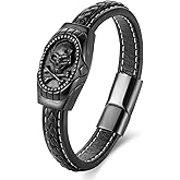 BIYONGDE Mens Stainless Steel Black Pirate Skull Charm Black Braided Leather Bangle Bracelet, Minimalist Cool Gothic Punk Rock