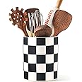 Swkien Utensil Holder，7.2 Inch Checkered Utensil Holder, Ceramic Cooking Utensil Spoon/Spatula Holder for Countertop, Kitchen Decor and Accessories for counte(Black)