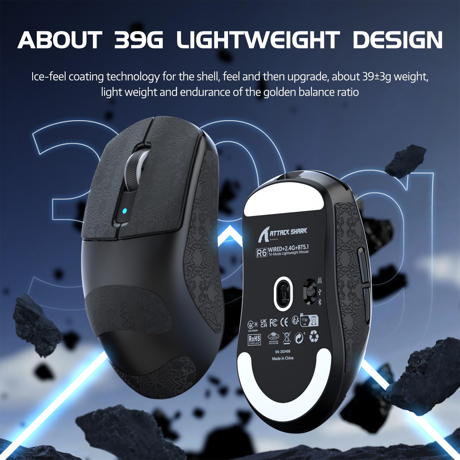 ATTACK SHARK R6 Lightweight Wireless Gaming Mouse,PAW 3950Max Sensor Computer Mouse with Nordic 52480,8KHz Polling,42K DPl,OMRON Optaicl Switch,USB-C Charging,7 Programmable Buttons(Black & Sticker)