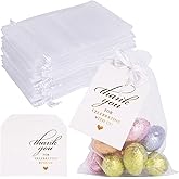 Verichy White Organza Bags Set, 60PCS Drawstring Gift Bags with 60PCS Thank You Tags Candy Mesh Pouches for Christmas Wedding Party