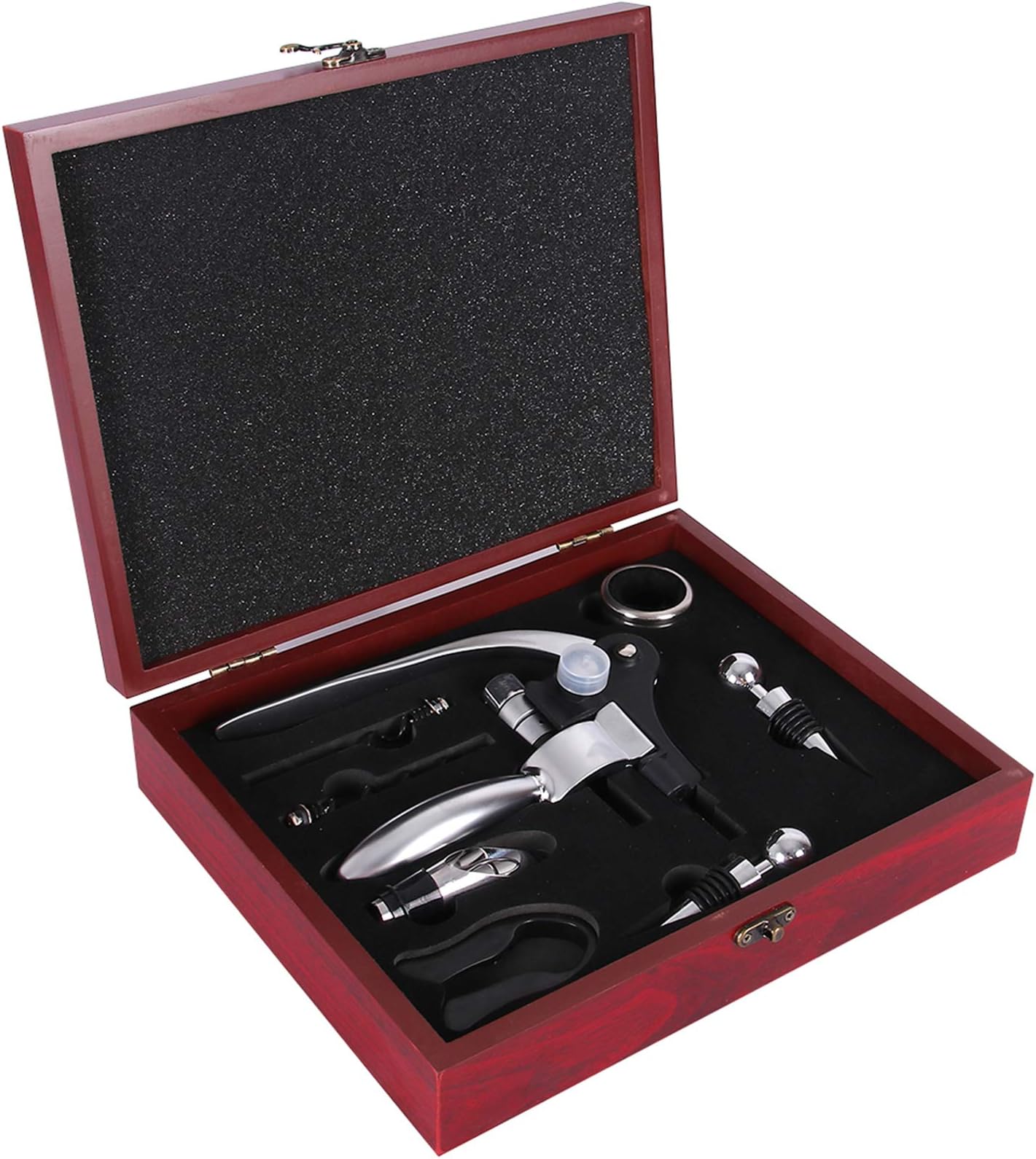 Wine Opener Set, Rabbit Corkscrew Red Wine Bottle Opener, Wine Decanter Pourer, Wine Bottle Alloy Stopper, Foil Cutter, Drip Ring with Wood Case, Wedding Wine Gift Set