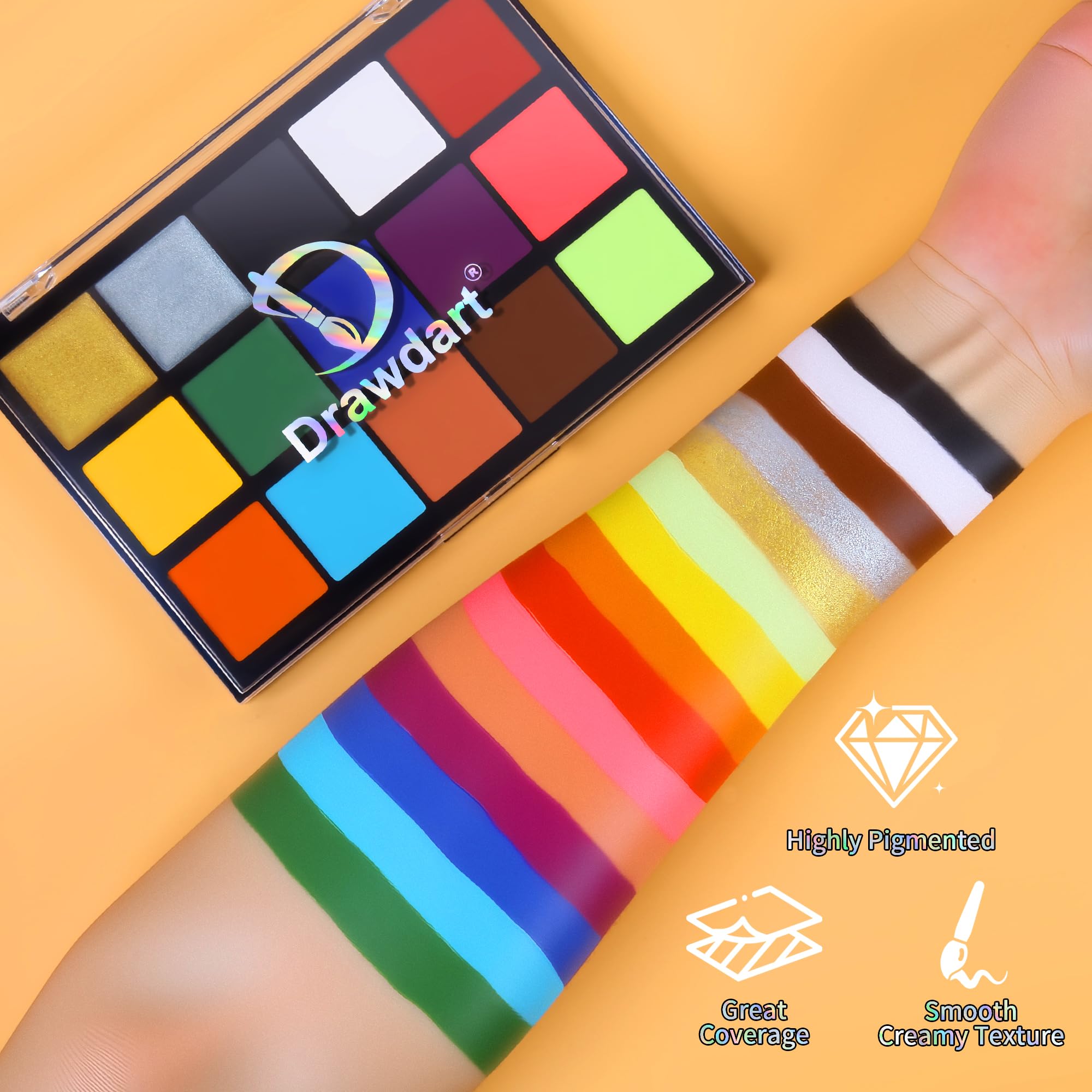 Drawdart Face Body Paint Kit, 15 Colors Face Painting Palette with 10 Pcs Artist Brushes| Facepaint Makeup Kit Ideal for Halloween SFX Cosplay Party Costume Makeup
