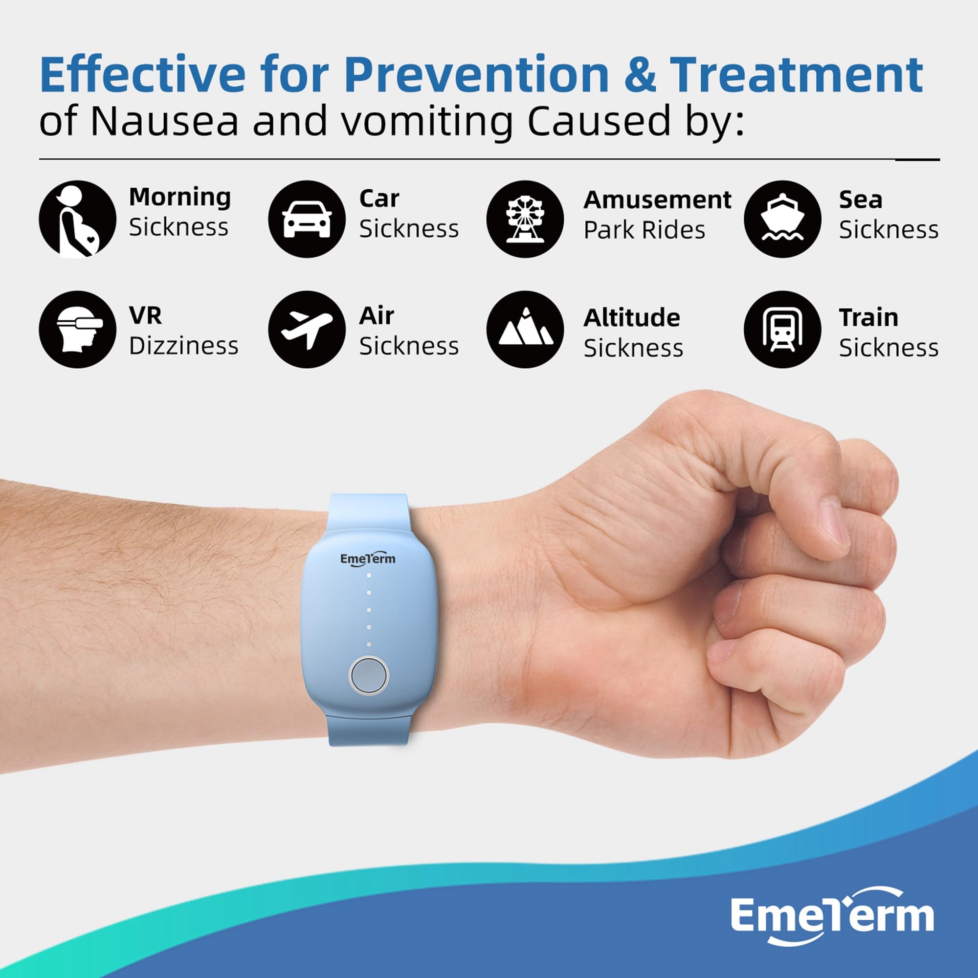 EmeTerm Explore Mint Green Anti-Nausea Wristband IP67 Waterproof Morning Motion Travel Sickness Vomit Relief Rechargeable Classic Strap Design No Gel Drug Free Without Side Effects