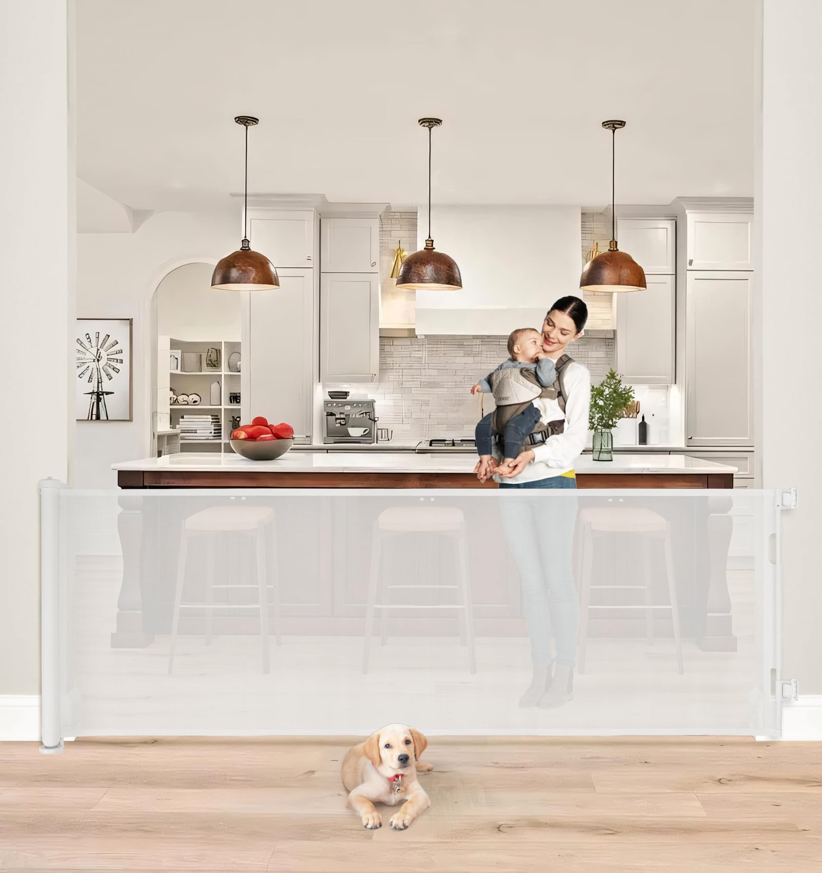 The Fellie Retractable Stair Gate, 300cm Extra Wide Stair Gates for Dogs, One Hand Operation, Adjustable Length, 86cm Tall Baby Gate Safety Gate for Dogs, Hallways/Indoor/Outdoor, Pet Dog Gate, White