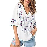 YZXDORWJ Women's Summer Peasant Blouses Boho Embroidery Mexican Bohemian Tops Shirt Tunic Blouses