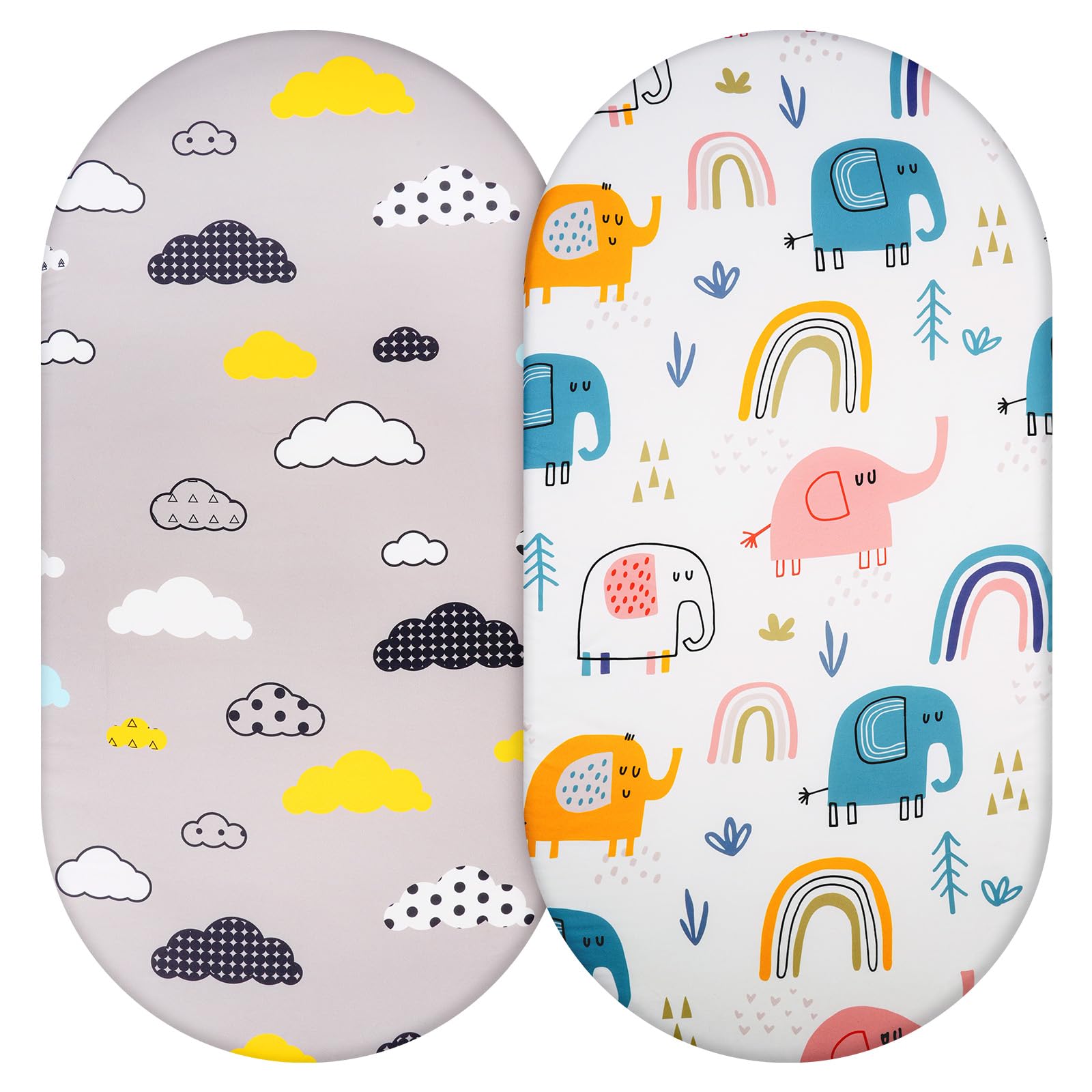 Aolso Crib Fitted Sheets, 2pcs Baby Sheet Set 84x41cm, Cot Bed Sheets Bassinet for Boy and Girl, Bedside Cribs, Breathable, Lightweight (Elephant/Cloud), Grey-white