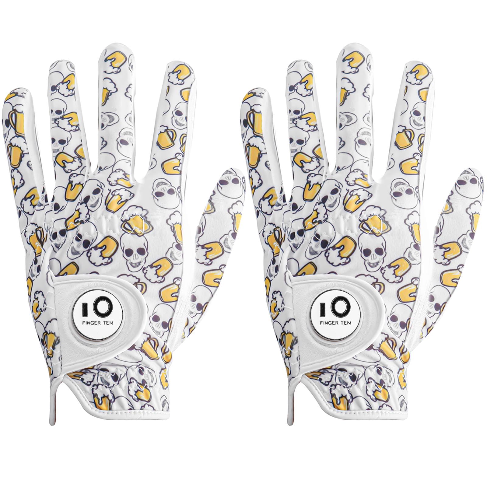 FINGER TEN Golf Gloves Men Left Hand Right Leather With Ball Marker Printed Grip 2 Pack, Mens Golf Glove All Weather Weathersof (M/L, Worn on Left Hand- White)… — image 1