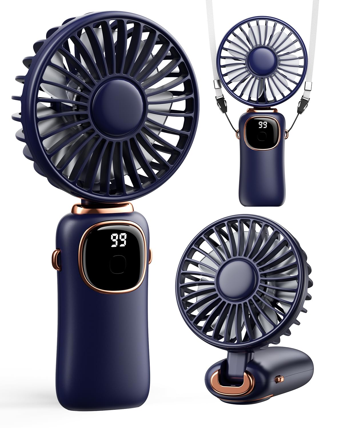 coldSky Portable Handheld Fan, 4000mAh Battery Operated Fan with LED Display, Handheld/Neck/Desk 3 in 1 Personal Small Fans, 90° Foldable Desk Fan with Base, 5 Speed Makeup Lash Fan for Women Blue