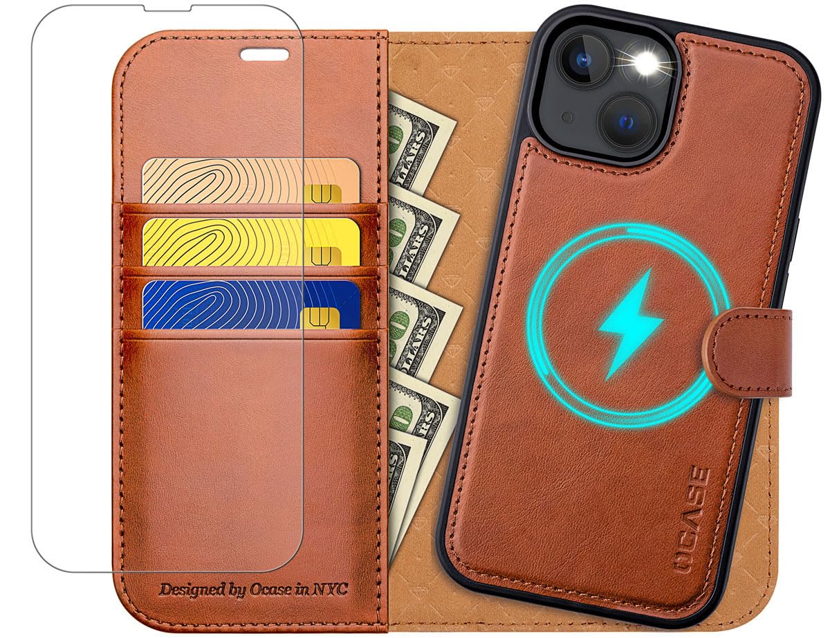 OCASE for iPhone 13 Wallet Case,[Upgraded] Magnetic Detachable 2 in 1 Flip PU Leather Case with[RFID Blocking][Card Holder] Shockproof Removable Phone Cover for the 6.1 Inch,Brown