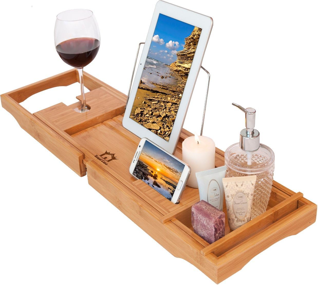 Royal Casa Bamboo Bath Tub Caddy - Luxury Wooden Shower Bath Tub Organizer, Stainless Steel BookTablet Holder, Removable TowelAccessories Tray