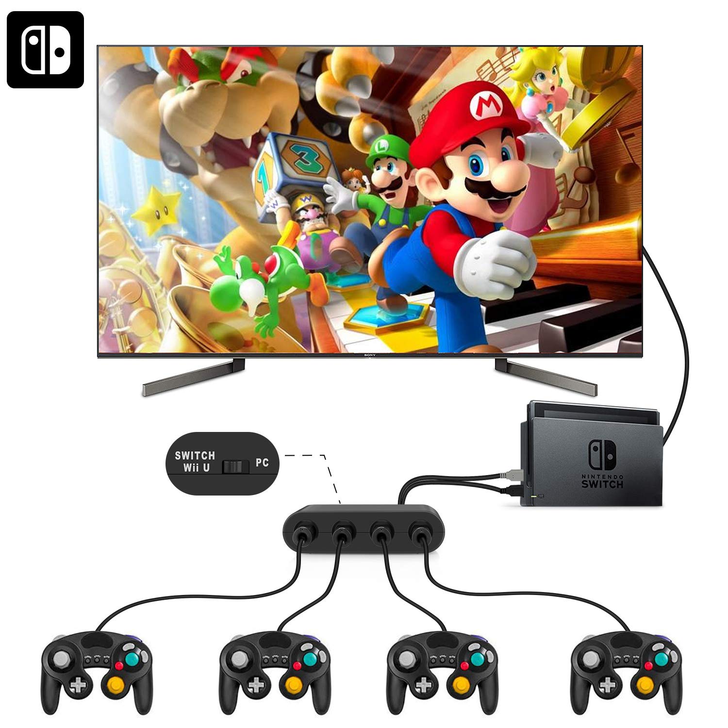 Switch Gamecube Controller Adapter, Super Smash Bros Gamecube Adapter for Nintendo Switch, Wii U and PC USB with 4 Ports - Plug & Play, No Drivers Needed