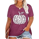 Plus Size Fall Pumpkin Tshirt Women Halloween Thanksgiving T-Shirt Casual Short Sleeve Tops Floral Pumpkin Shirt