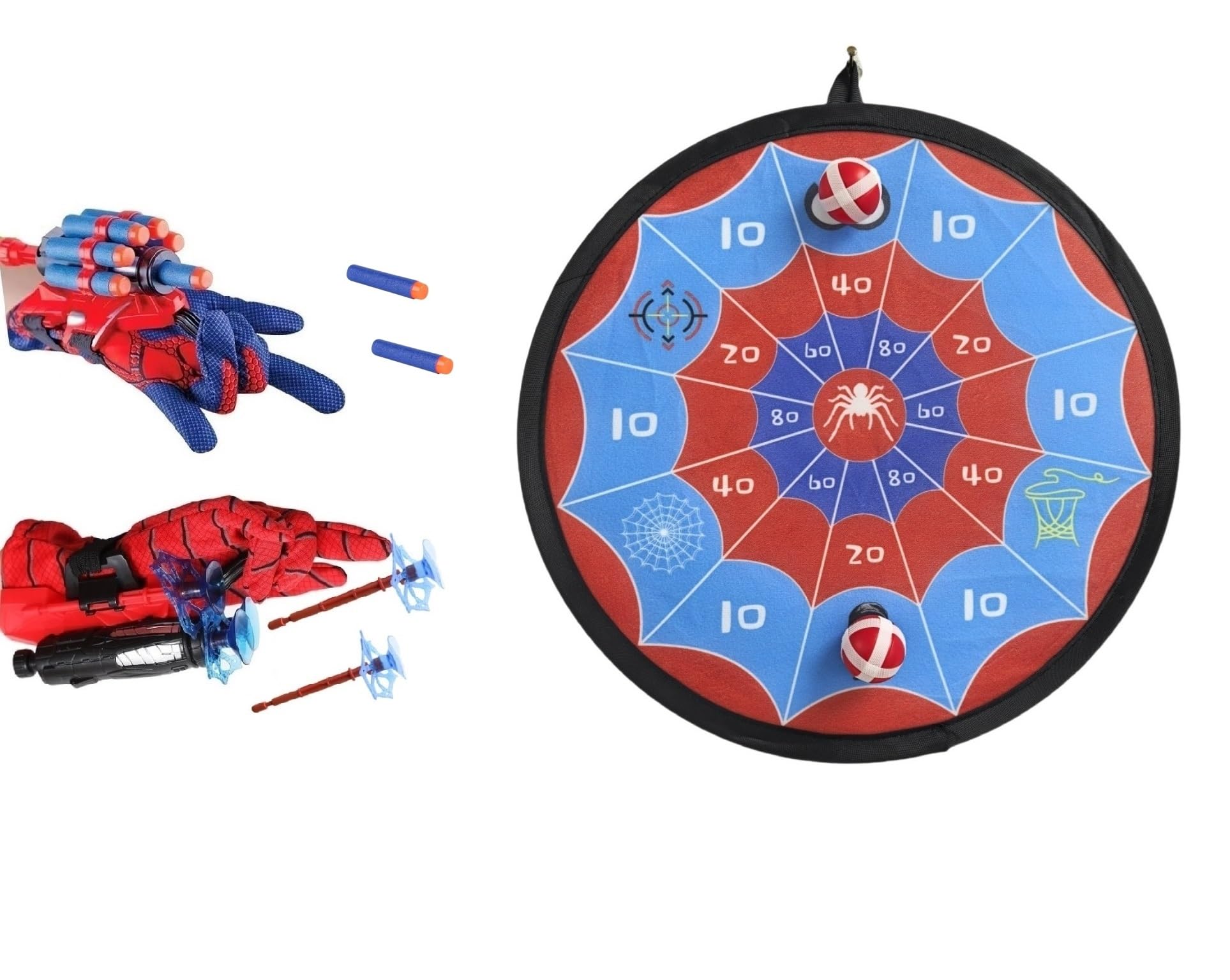 Photo 1 of YWSZZG 2 Sets Spider Gloves Man Web Shooters Dart Board Toys Sticky Balls for Kids, Hero Cosplay Kids Launcher Toys Set for Birthday Party Christmas Halloween