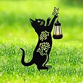 Solar Lights Outdoor Garden Decor - Metal Cat Holding Lantern Stake, Waterproof Solar-Powered Pathway Light for Yard, Pathway, Lawn, Patio - Unique Gift for Cat Lovers Halloween Christmas Garden Decor