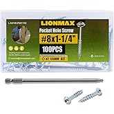 LIONMAX Pocket Hole Screws 1-1/4 Inch, 100 PCS Interior Pocket Screw #8 x 1-1/4"", Coarse Thread, Square Drive, Washer Head, Zinc Plated Pocket Hole Screws, 150MM Drive Bit Included, 1.25 inches