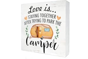 HDKY Funny Farmhouse Camping Wood Box Sign Home Decor Rustic RV Love is Staying Together Wooden Box Sign Block Plaque for Wall Tabletop Desk Decoration