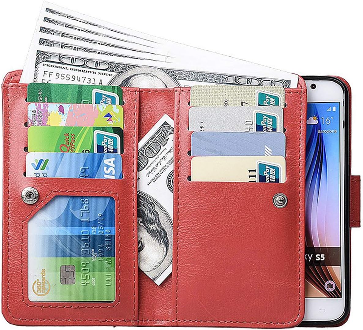PS01 [Upgrade] 2 in 1 Leading Design Top Notch Bifold Magnetic Car Mount Phone Holder Compatible Folio Leather Wallet Case Cover for Samsung Galaxy S5 i9600
