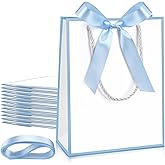 Silkfly Paper Gift Bags with Handle 9x7x3.15'' Thank You Gift Bags with Bow Ribbon for Graduation Appreciation Holiday Wedding Bridal Baby Shower Birthday Party Supplies(White, Light Blue,12 Pcs)