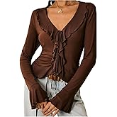 Floerns Women's Ruffle Tie Front Bell Sleeve Tops V Neck Fall Outfit Going Out T Shirts