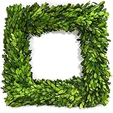 Preserved Boxwood Wreath, Christmas Wreath Wedding Home Decoration, Farmhouse Style Realistic Full Green Real Preserved Boxwood, Indoor All Seasons Green Decor(Square 14 inches)
